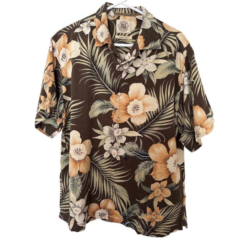 Pusser's West Indies Shirt Mens L Brown 100% Silk Tropical Floral Camp Button Up